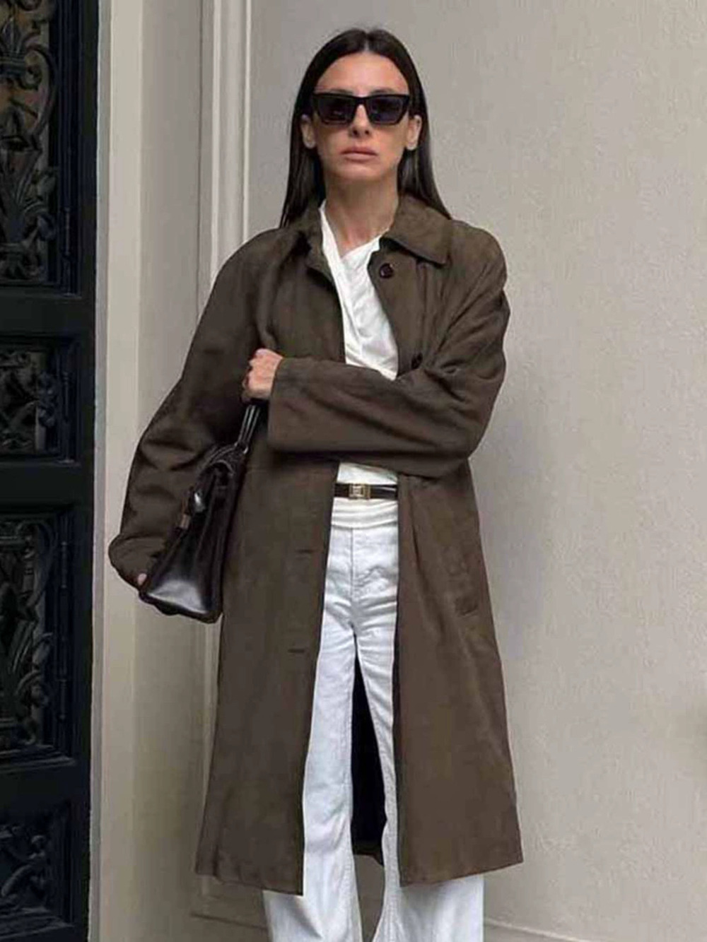 Forever 21 Fall Retro Brown Suede Long Coat Loose Lapel Office